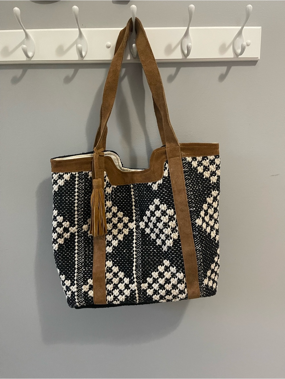 Chloe‎ & Lex Camel Suede Leather Trimmed Black White Diamond Tote